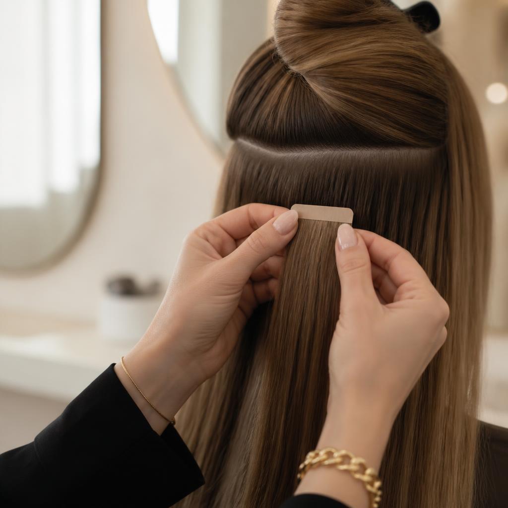 Tape-In Extensions werden in glattes Haar eingearbeitet